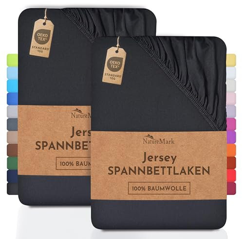NatureMark 2er Pack Jersey Spannbettlaken, Spannbetttuch 100% Baumwolle in vielen Größen und Farben MARKENQUALITÄT ÖKOTEX Standard 100 | 180 x 200 cm - 200 x 200 cm - schwarz