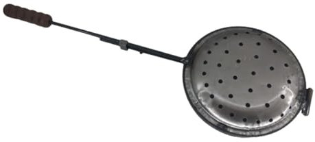 Padella per castagne caldarroste in ferro con manico in legno da camino forata ribaltabile