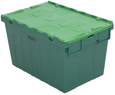 BiGDUG Tote Boxes - Heavy Duty Lidded Plastic Containers - Stackable Storage - 62 Litre Capacity - Pack of 4 Boxes - Green