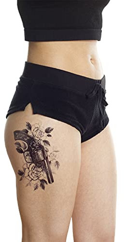 1 x Revolver mit Rosen Tattoo - schwarzes XL Tattoo - Body Temporary Fake Tattoo - HB391X (1)