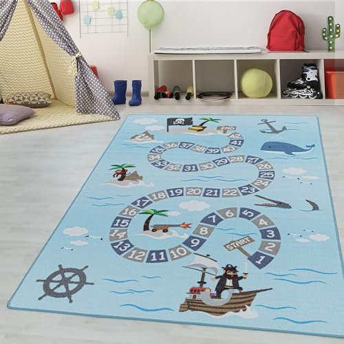 Teppium Kurzflor Kinderteppich Weich für Jungen & Mädchen Piraten Muster 140x200 cm Blau - Waschbarer Teppich Pflegeleicht und Antiallergen - für Kinderzimmer, Spielzimmer und Babyzimmer