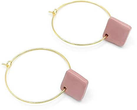 Créoles argentées ou dorées de 3cm de diamètre avec pendentif coloré carré, acier inoxydable