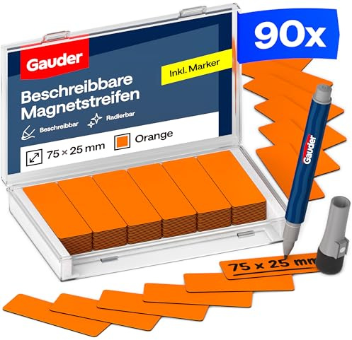 GAUDER Magnetstreifen beschreibbar, Magnetschilder Kanban (90 Stk, 75x25mm) | Magnetschilder zum Beschriften, beschreibbare Magnete zum Beschriften, Magnetetiketten für Kanban Board, mit Marker