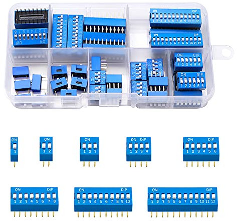 VooGenzek 40 Stück 1 2 3 4 6 8 10 12 Pin Zweireihiger DIP-Schalter, 2.54mm Rutschtyp Roter Kippschalter, für Schaltkreis-Breadboards PCB (Blau)