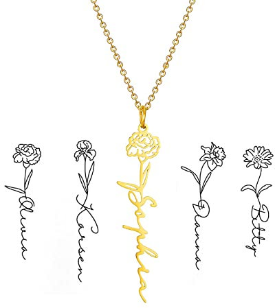RWQIAN Namenskette Damen Personalisierter Kette Namen Halskette Jahr Anhänger Geburtstag Blume Halskette Namen Schmuck 14-24 Gold/Silber/Rose...