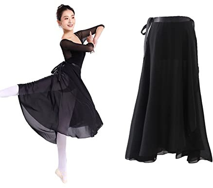 AWOCAN Ballett-Wickelrock für Damen, lang, durchscheinend, Chiffon, Ballett, Wickelrock, Tanz, durchscheinender Rock, Chiffon, Sommer, Strand, hohe Taille, Schwarz , 34