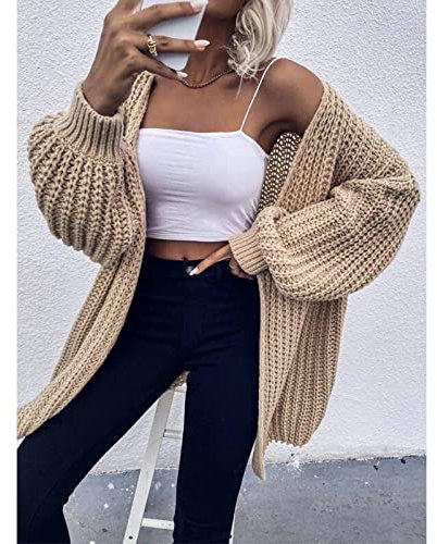 Strickjacke Damen,Damen-Strickjacke, Khaki, Einfarbig, Grob, Verdreht, Gehäkelt, Mittellang, Gestrickter Mantel, Weicher Frühling, Herbst, Warme Strickjacke, Langarm, Offener Pullover, Lässige Ou