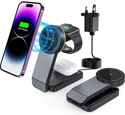Magnetic Wireless Charger for Apple Series,Foldable Travel 3 in 1 Wireless Charging Station,18W Fast Magsafe Charger Stand for iPhone 15/14/13/12 Series,iWatch Series,Airpods 3/2/pro