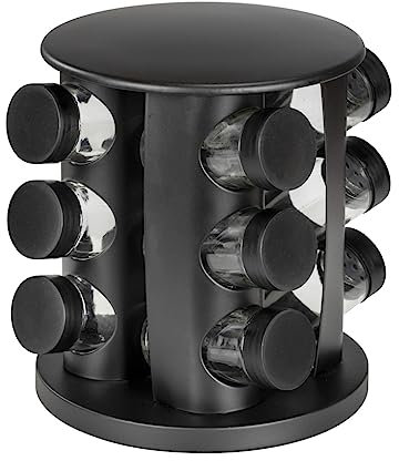 WENKO Gewürzkarussell Mod. Bruna 13tlg drehbar mit 12 Gläsern und Deckeln inkl Sticker platzsparend pulverbeschichtet Schwarz Ø 18,5 x 21,5 cm