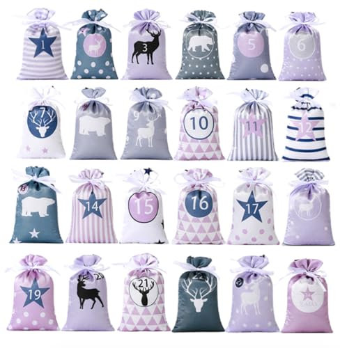 Weihnachts-Adventskalender-Tüten, 24 Tage Countdown Jutebeutel zum Aufhängen, Adventskalender, Geschenkgeschenke für Weihnachtsdekorationen (Lila)