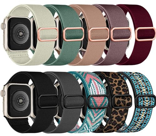 chinbersky 10 Stück Elastisches Nylon Loop Armband Kompatibel mit Apple Watch Armband 40mm 41mm 38mm,Stoff Verstellbares Dehnbare Sport Ersatzarmband für iWatch Ultra Series 10/9/8/7/6/5/4/3/2/1/SE