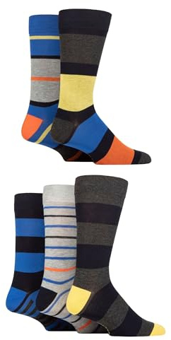 SockShop Men's Patterned Bamboo Socks - Bright Colourful Natural Various Designs for Everyday Wear Size 7-11 Multipack of 5 (7-11, Striped Navy Bright)