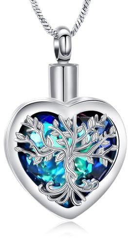 QGJNSGC Tree of Life Urn Necklaces for Ashes Celtic Heart Cremation Jewelry Memorial Keepsake Jewelry w/Funnel Filler Gifts for Women Men (Silver-blue)