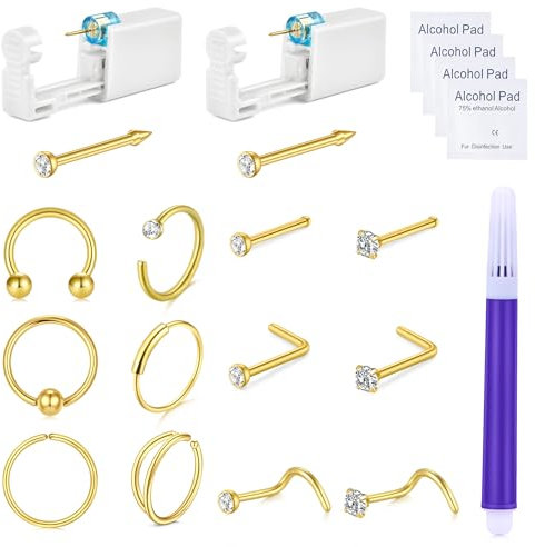 NIUSIMAN Nasenpiercing Set Mit 2 Stück Pistole 20G Ring Stecker Gold Chirurgenstahl Selber Stechen Schmuck