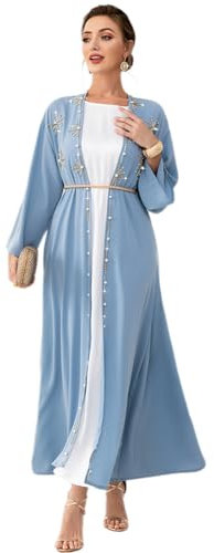 Muslim Abaya Langarm Offene Vorderseite Strass Kaftan Cardigan Maxikleid für Frauen mit Gürtel, Modi Blue Cardigan, X-Large