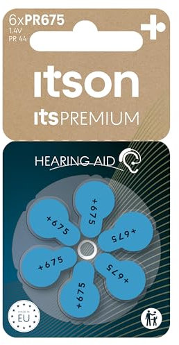ITSON, zinc air battery for over-ear and in-ear hearing aid devices, pack of 6, plastic free packaging, PR675(44) IT/6RM