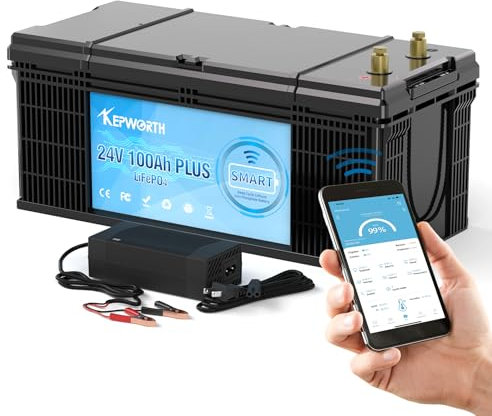 KEPWORTH Batterie Lithium 24V 100Ah, Rechargeable, LiFePO4 avec 100A Smart Bluetooth BMS et 4000-15000 Cycles Profonds, sans Entretien Parfait pour Camping-Car, Système Solaire, Bateaux, Hors-Réseau