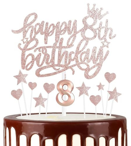 12 Pcs Happy Birthday Candles Cake Toppers, Gold Rose Number 8 Candle for Cake, Cake Candles for 8th Birthday Decorations, Heart Star Cake Toppers for Boys Girls Birthday Party 8th Wedding Anniversary