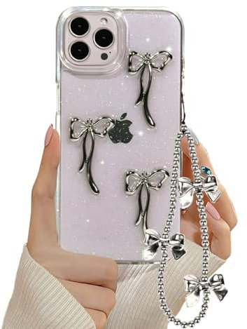 Ownest Kompatibel mit iPhone 13 Pro Max Hülle mit Lanyard Kette Süßes 3D Bow Schleife Glitzer Durchsichtige Aesthetic Design Handyhülle Frauen Mädchen Girls Slim Soft Schlank Schutzhülle