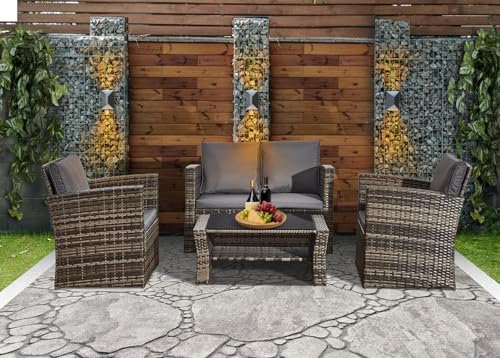 4PCs Rattan Garden Furniture Sofa Set 4 Piece Mix Grey Patio Weaving Wicker includes 1x Double Seat Sofa, 2x Armchairs, Seating & Back Rest Cushions and Tope Glass Table Outdoor Indoor Conservatory