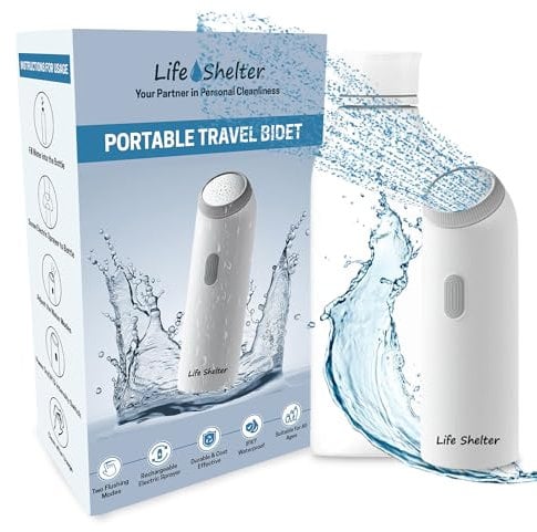 Life Shelter Mini Portable Toilet Bidet Kit with 4 Flushing Modes | IPX7 Waterproof Rechargeable Electric Handheld Travel Bidet with Storage Bag - 350ml Bottle for Personal Hygiene & Perineal Care