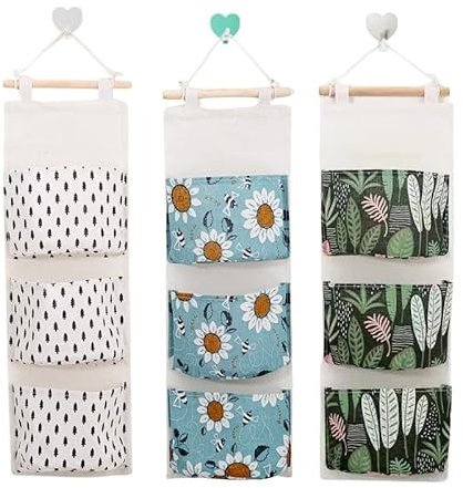 Taschen zum Aufhängen an der Wand, 3-teilige Aufbewahrungstasche zum Aufhängen an der Wand mit 5 Taschen, Organizer für Kinderzimmer, wasserdichte Hängeaufbewahrung, leinenfarbener Hängetaschen-Organi