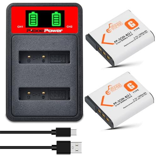 Pickle Power 2Pcs NP-BG1 NP-FG1 Battery and Charger for Sony DSC-H7 H9 H10 H20 H70 H50 H55 H90 HX5V HX9V HX10V DSC-W30 W35 W50 W55 W70 W80 W120 W150 W220 WX1 WX10 HX9V