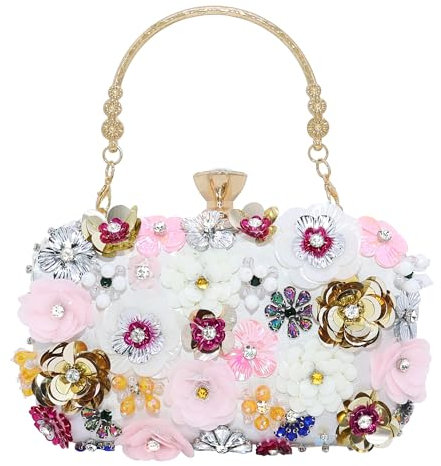 Milisente Floral Clutch Bag for Women Beaded Flower Evening Purse with Diamond Closure Detachable Chain for Wedding(White)