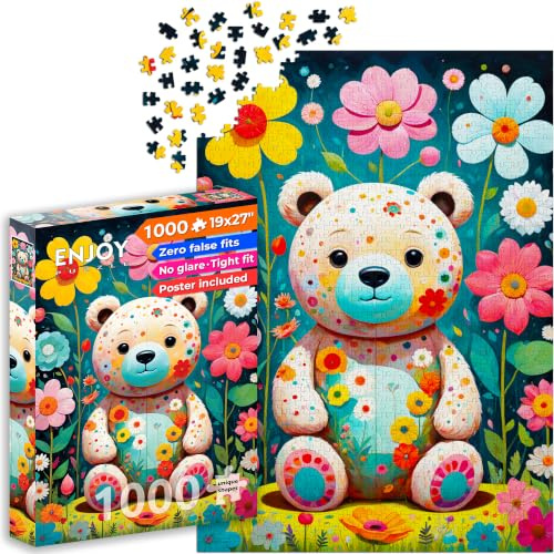 1000 Pieces Jigsaw Puzzle for Adults – Matte Finish, Soft Touch, Sturdy and Unique Pieces, Tight Fit, Vivid Colors, Missing Pieces Service – Teddy Bear in Flower Garden Illustration – by ENJOY Puzzle