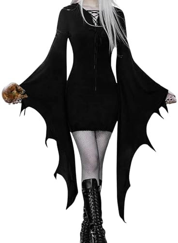 Women's Bat Sleeve Dress - Sexy Halloween Costumes Corset Queen Adult Fancy Dress Gothic Morticia Addams Family Carnival Cosplay Party Outfits Ladies Short Dress(Black,S,1150w)