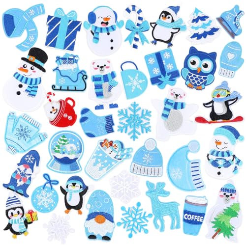 36 Stück Winter Bügelbilder Weihnachten bestickt Nähen Applikation Reparatur Patch Niedliche Schneeflocke Schneemann Eisbär Pinguin Baum Kranz Zuckerstange DIY Handwerk für Kleidung Jacke Jeans Hosen