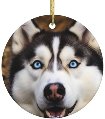 Weihnachtsschmuck, dummer Husky-Hund, rund, Keramik, hängende Ornamente mit goldfarbenem Band, Weihnachtsbaum-Hängeornament, lustiger Porzellananhänger, Basteln, Weihnachtsdekoration für Urlaubsparty