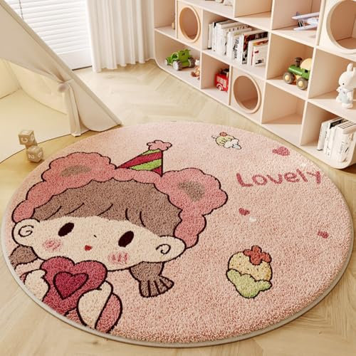 Runder Weicher Kinderteppich, Cartoon Plüsch-Teppich für Kinderzimmer Jungen, Verdickte Lammwollimitat Teppich, Babyzimmer Teppiche Matte Runden Löwe für Schlafzimmer (Eiscreme-Mädchen,120cm)