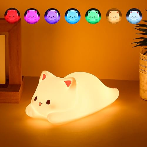 Tremdwoto nachtlicht katze,7 Farben Spaß Nachtlicht für Kinder katzen lampe 1/3 Stunde Timer Kitty Light USB Wiederaufladbar Dimmbar Kinderzimmer Lampe Geschenk für Kind Kleinkind Kawaii Schlafzimmer
