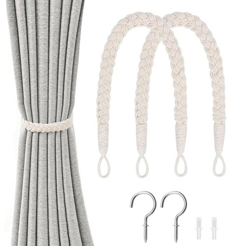 2 Pack Natural Cotton Rope Curtain Tiebacks Hand Knitted Curtain Ties Elegant Boho Style Decorative Drape Tie Backs for Home & Office Drapery (Beige)