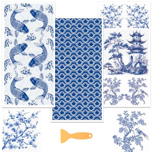 WEBEEDY 3 Stück Chinoiserie Decoupage Papier Möbel-Transfer-Aufkleber Vintage Chinesisch Blau und Weiß Wanddekor, 15x30cm Wandbilder abziehen und kleben Tapete mit Spachtel Home Wall Decor