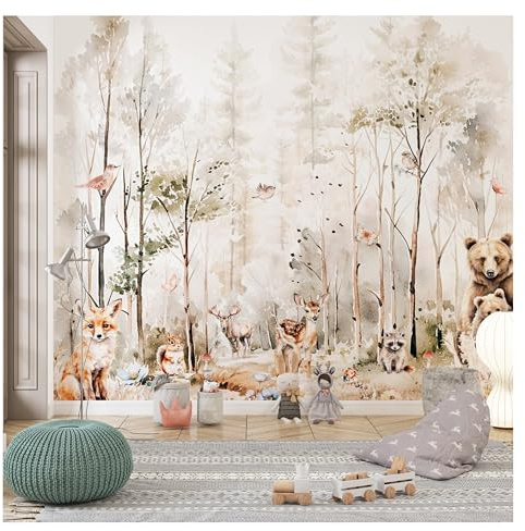 Fototapete Kinderzimmer, Wald, Waldtiere Bäume, Tapeten für Kinder Babyzimmer Vlies Tapeten wandtapete Mädchen und Jungen Tiertapete Teddybären, Fuchs, Hirsch, Baumvögel
