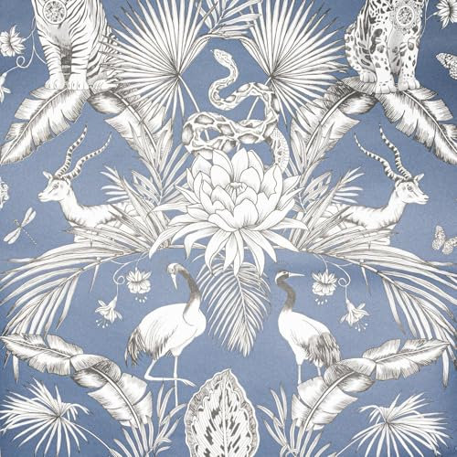 SOPHIE LAURENCE Navy White Tropical Wallpaper – Exotic Birds and Snakes Design, Smooth Finish, Washable, Easy Application for Feature Walls, Bedrooms and Living Rooms (Full Roll)
