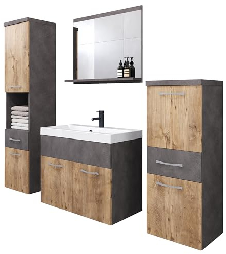 PIASKI Badmöbel-Set mit Waschbecken, laminierte MDF-Platte, Schränke mit Metallgriffen, Spiegel mit Regal, Matte/Kastanie, 133 cm Höhe