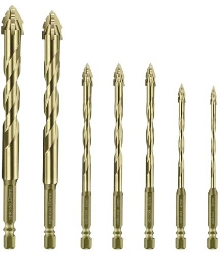 ePicsoa Exzenterbohrer Set, 7-Teiliger Gerwand Bohrer mit 4 Schneiden, 3/4/5/6/8/10/12 mm Hochfeste Sägezahnbohrer, 1/4 Sechskantschaft, für Beton, Glas, Keramik, Holz, Metall, Bohren (Gold)