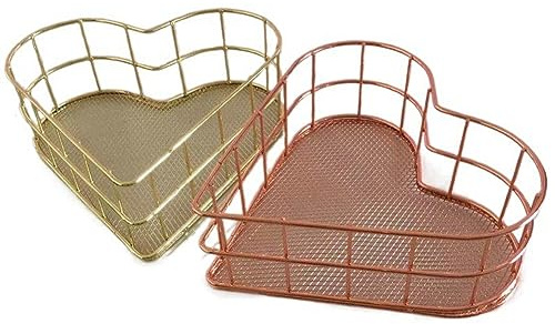 Rfeeuubft 2 Piece Metal Tray Fruit Trays Jewelry Storage Trays Pink & Gold Iron Mesh Basket Heart Wire Basket File Storage Basket Book