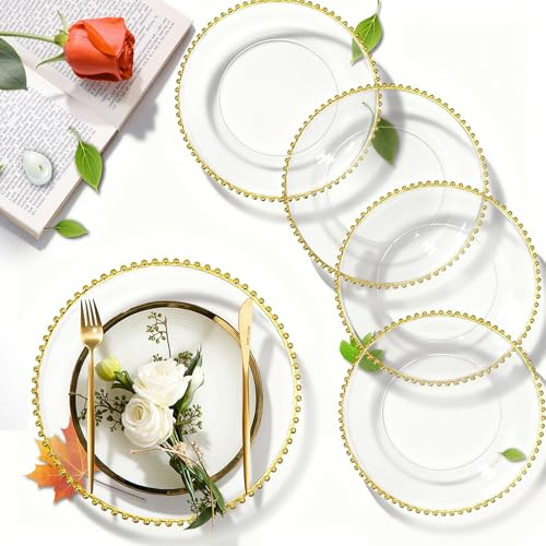 PROY 50 Pcs Acrylic Gold Beaded Charger Plates Bulk, 13 Inch Clear Charger Plates with Beaded Rim, Round Charger for Dinner Plates, Table Chargers for Table Setting, Wedding