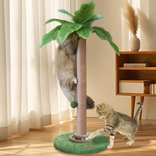 Meowoou Kratzsäule, 84 cm Niedlicher Kratzstamm Kätzchen Kratzbaum mit Sisalseil für Wohnungskatzen Palmen-Katzenkratzbaum mit Baumelnden Bällen, Orbitalball für Klein, Mittel, Groß Katzen
