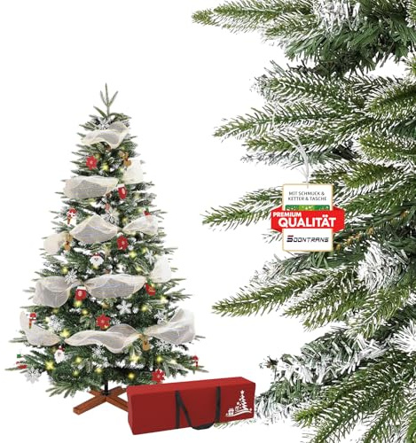 Soontrans Künstlicher Weihnachtsbaum Roli Geschmückte Weihnachtsbaum mit Beleuchtung, Pre-Lit Lichterkette 450 Warmweiß mit 8 Modi & 1149 Gefroste PVC-PE Zweigen & Dekoband & Anhänger & Tasche (210cm