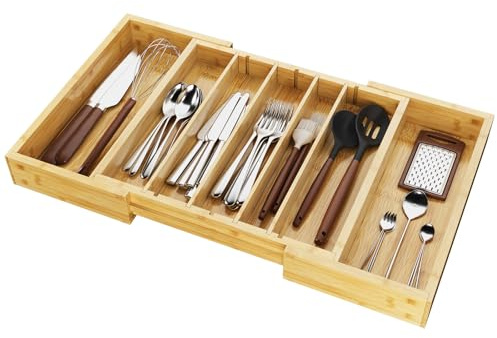 Dripex Besteckkasten für Schubladen, Ausziehbarer Schubladeneinsatz aus Bambus, 5-7 Fächer Besteckorganizer für Küche, Kaffee