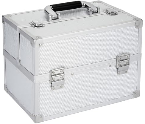RANRHA Professional Aluminum Makeup Case – Silver Cosmetic Storage Box with Key Locks, Adjustable Compartments & 4 Cantilever Trays – Portable Organizer for Makeup Artists & Beauty Enthusiasts