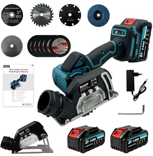 Bostar 21V Mini Sierra Circular y Amoladora 76mm - Motor 19.500 rpm, Profundidad 0-20mm (Placa Base), 2 Baterías 3.0Ah y Kit 11 Accesorios - Compatible con Makita 18V LXT