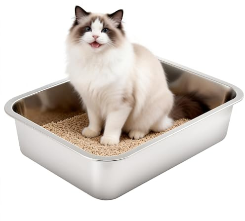 Stainless Steel Cat Litter Tray for Large and Small Cats, High Sided Metal Litter Box with Anti-Slip Pads, Non-Stick Odor-Free Cat Toilet for Kitten Rabbit Guinea Pig (L(40 * 30 * 10cm))