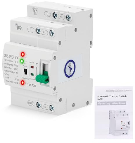 BORDRISE Commutatore di Rete Automatico 63A 2P, ATS, Commutatore 2 Posizioni 220V, Mini Interruttore Automatico per Guida DIN, per Quadro Elettrico, Commutazione Rapida <50ms