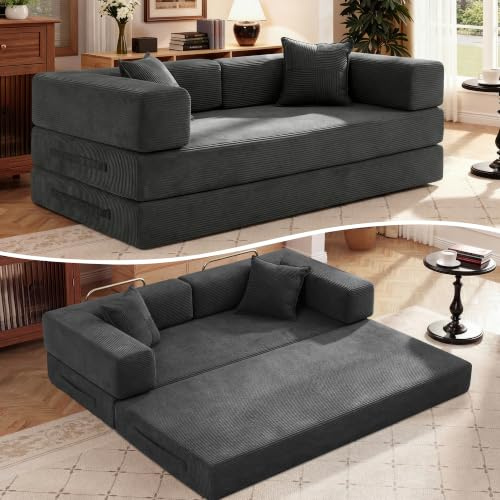 Vipbear Schlafsofa 200cm Breit,5-in-1 Faltbares Boneless Couch Grau | Bodensofa Bed Cordstoff 3er mit Schlaffunktion,Klappsofa Gästebett mit Armlehnen & Rückenkissen,Metallrahmen,ohne Montage